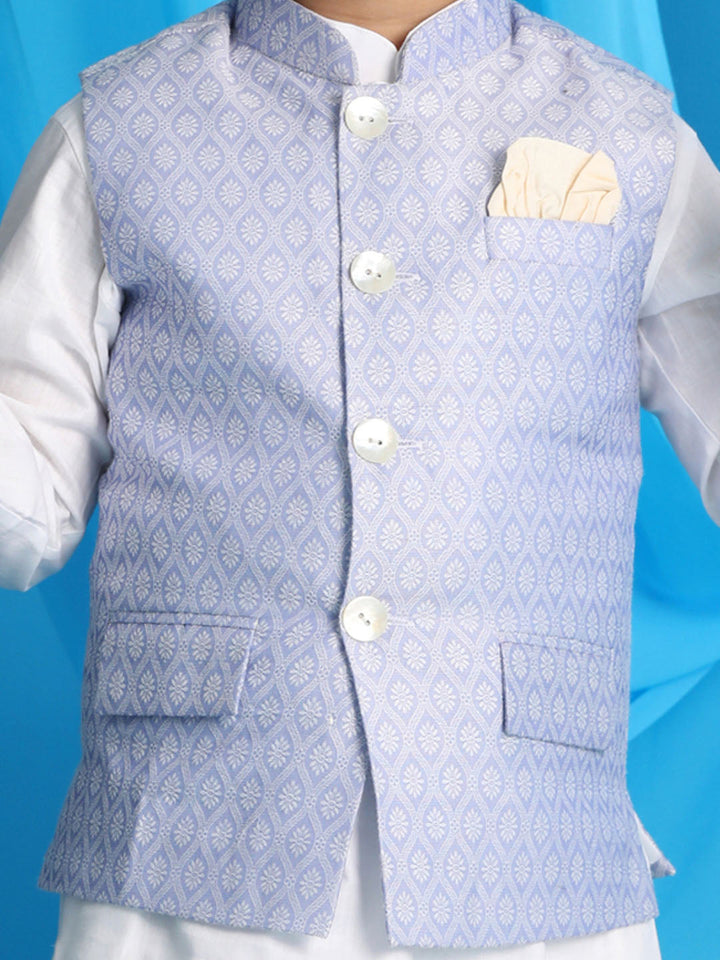 VASTRAMAY Boy's Lavender Woven Jacket With White Kurta and Pyjama Set - qivii