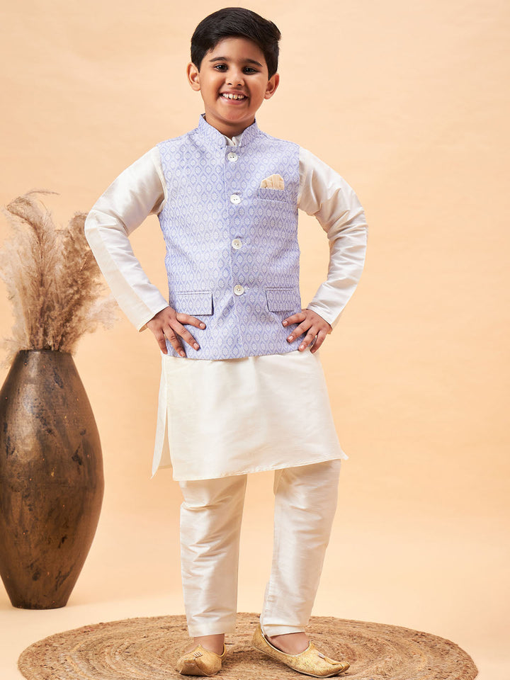 VASTRAMAY Boy's Lavender Woven Jacket With Cream Kurta and Pyjama Set - qivii