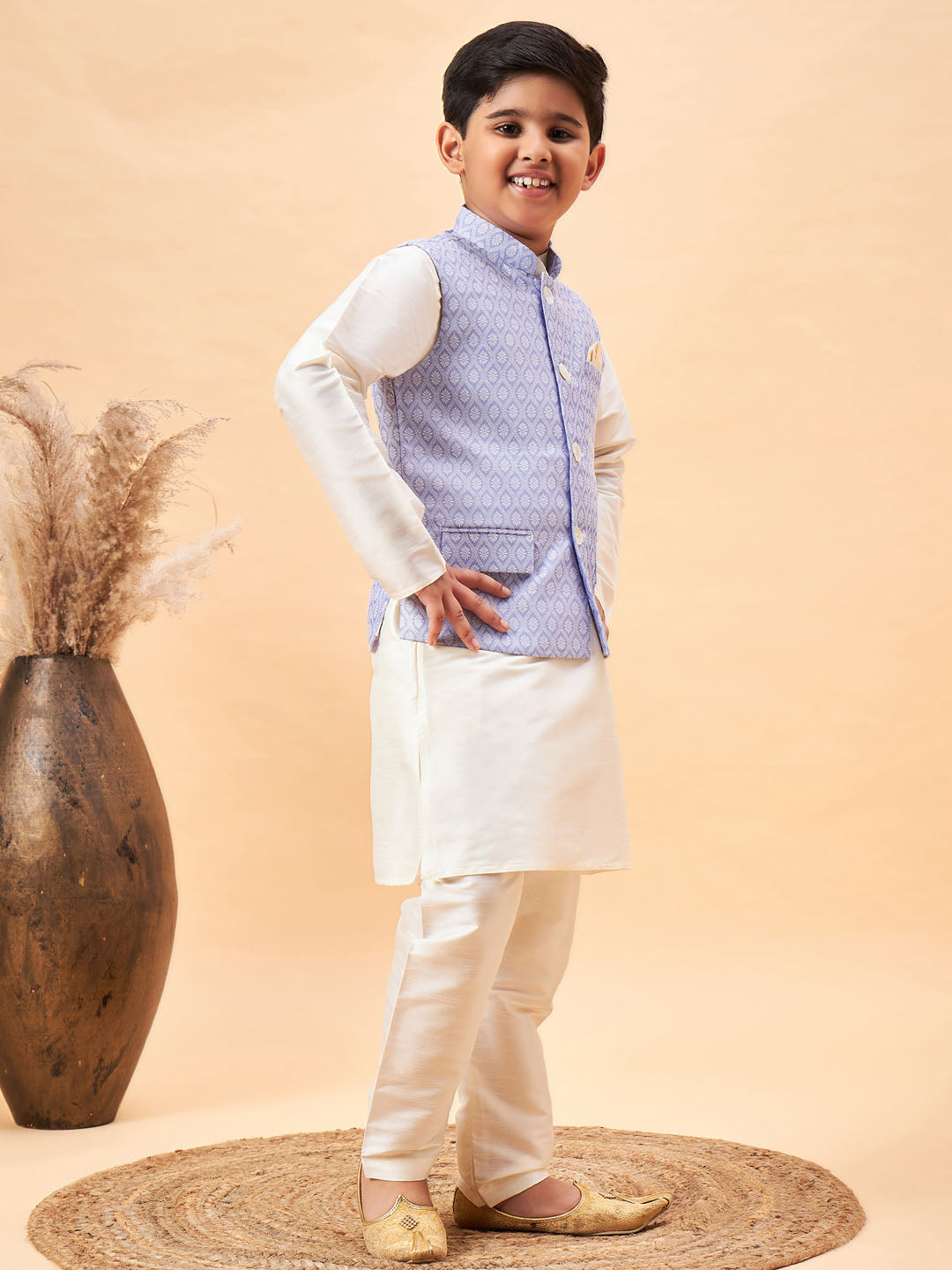 VASTRAMAY Boy's Lavender Woven Jacket With Cream Kurta and Pyjama Set - qivii