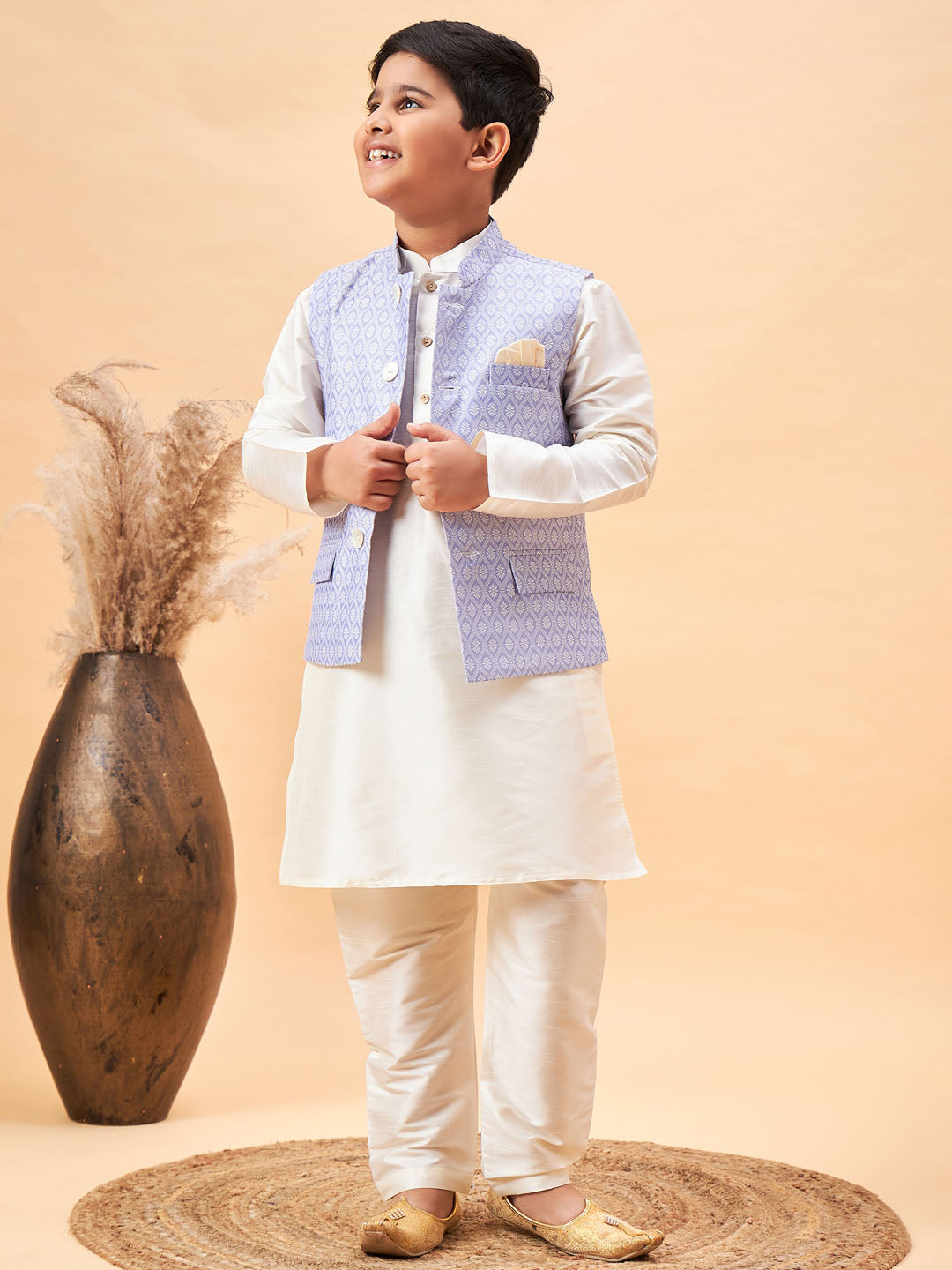 VASTRAMAY Boy's Lavender Woven Jacket With Cream Kurta and Pyjama Set - qivii