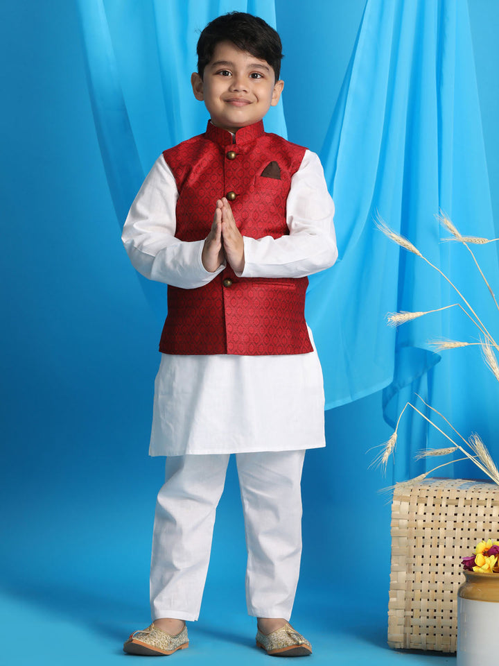 VASTRAMAY Boy's Maroon Woven Jacket With White Kurta and Pyjama Set - qivii
