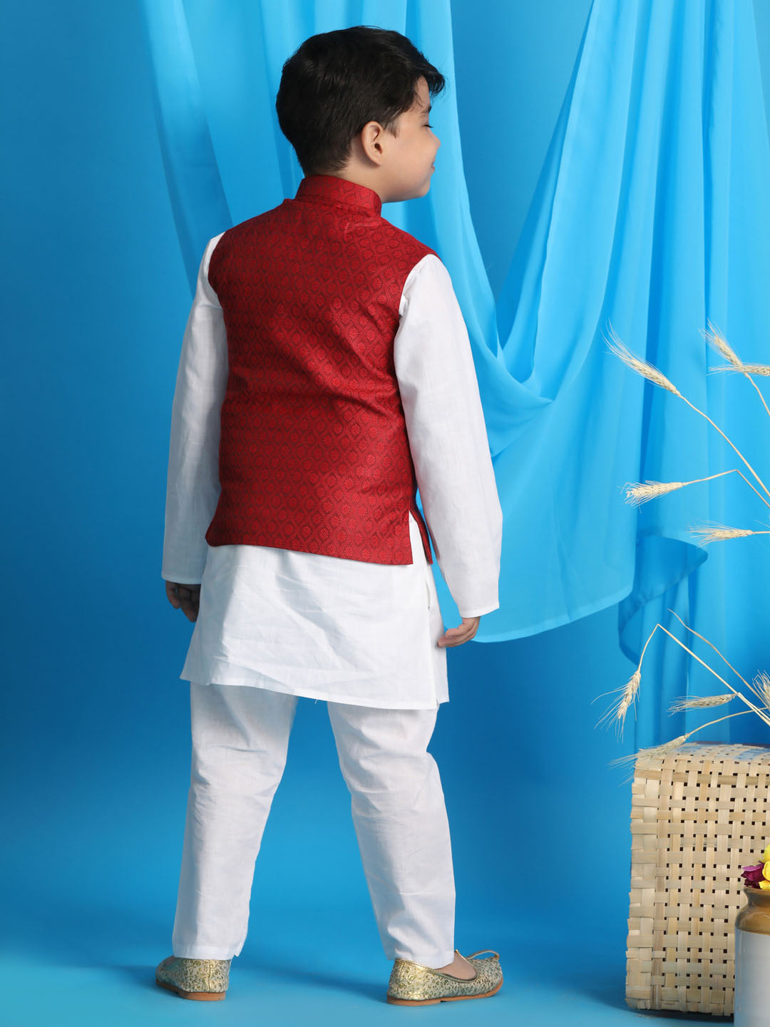 VASTRAMAY Boy's Maroon Woven Jacket With White Kurta and Pyjama Set - qivii