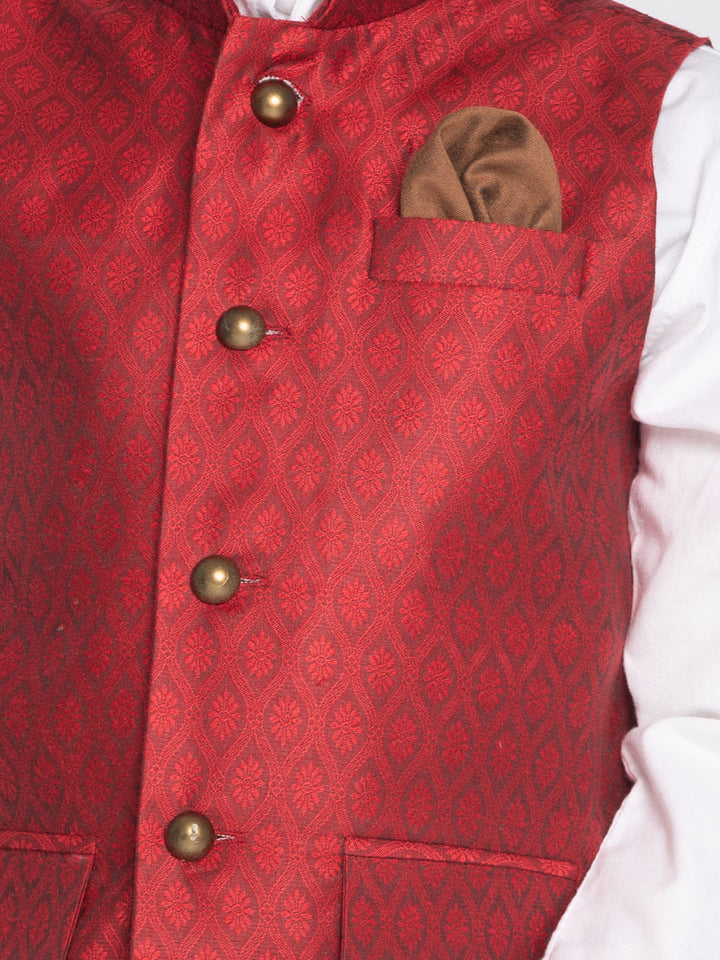 VASTRAMAY Boy's Maroon Woven Jacket With White Kurta and Pyjama Set - qivii