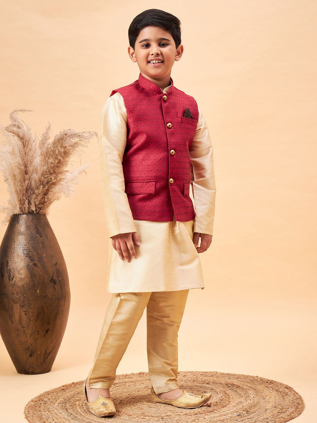 VASTRAMAY Boy's Maroon Woven Jacket With Gold Kurta and Pyjama Set - qivii