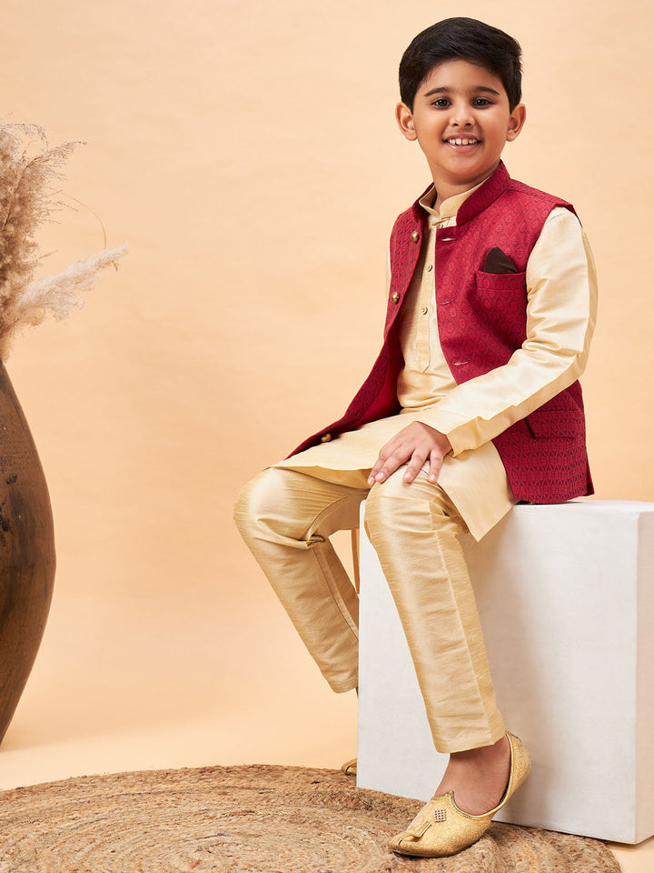 VASTRAMAY Boy's Maroon Woven Jacket With Gold Kurta and Pyjama Set - qivii