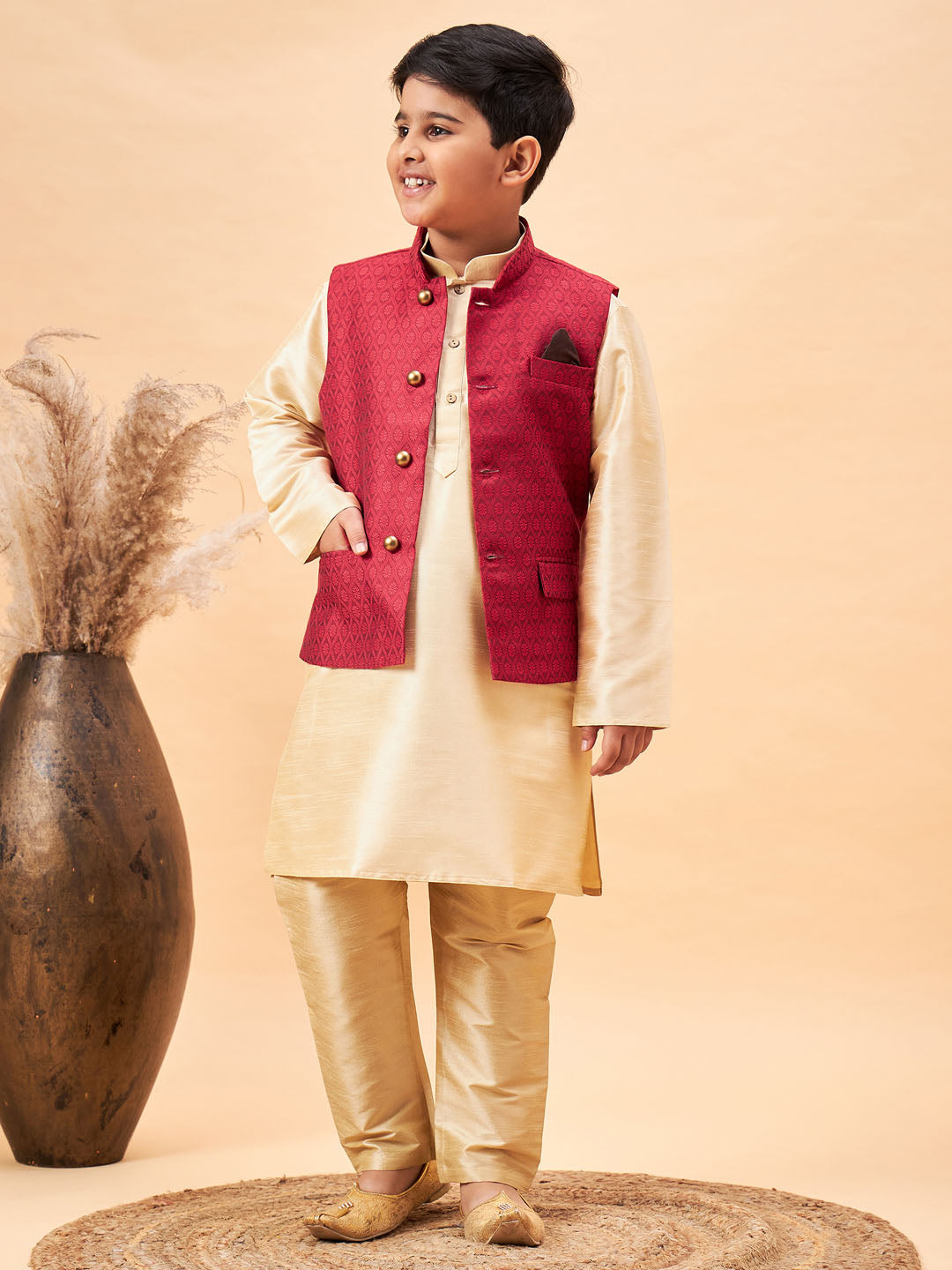 VASTRAMAY Boy's Maroon Woven Jacket With Gold Kurta and Pyjama Set - qivii