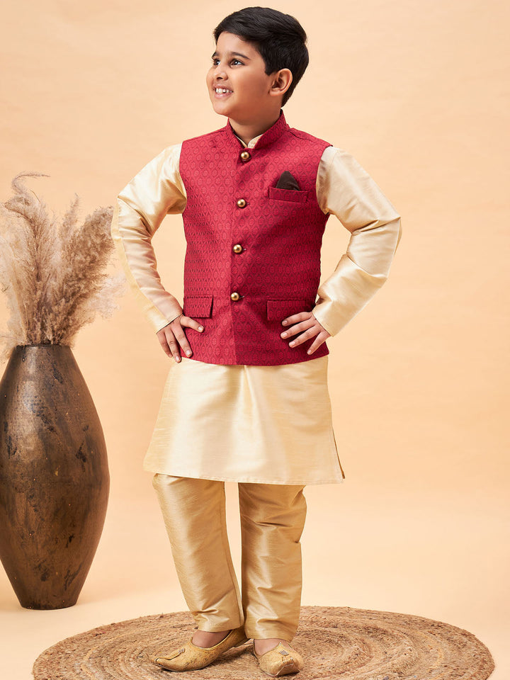 VASTRAMAY Boy's Maroon Woven Jacket With Gold Kurta and Pyjama Set - qivii