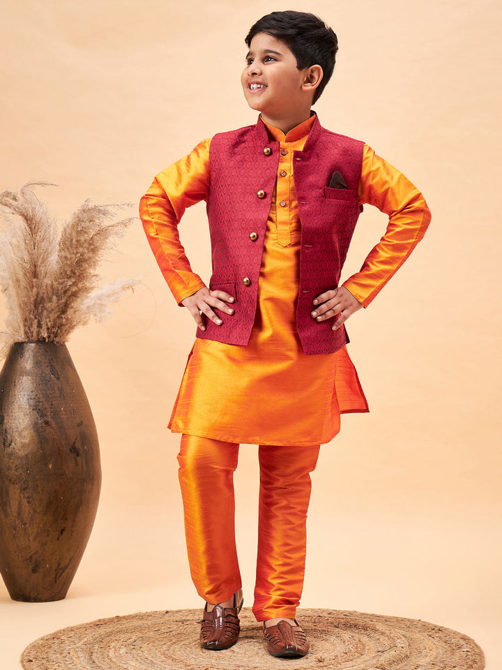 VASTRAMAY Boy's Maroon Woven Nehru Jacket With Orange Kurta And Pyjama Set - qivii