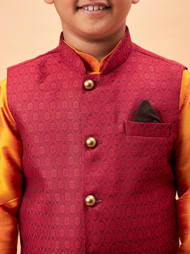 VASTRAMAY Boy's Maroon Woven Nehru Jacket With Orange Kurta And Pyjama Set - qivii