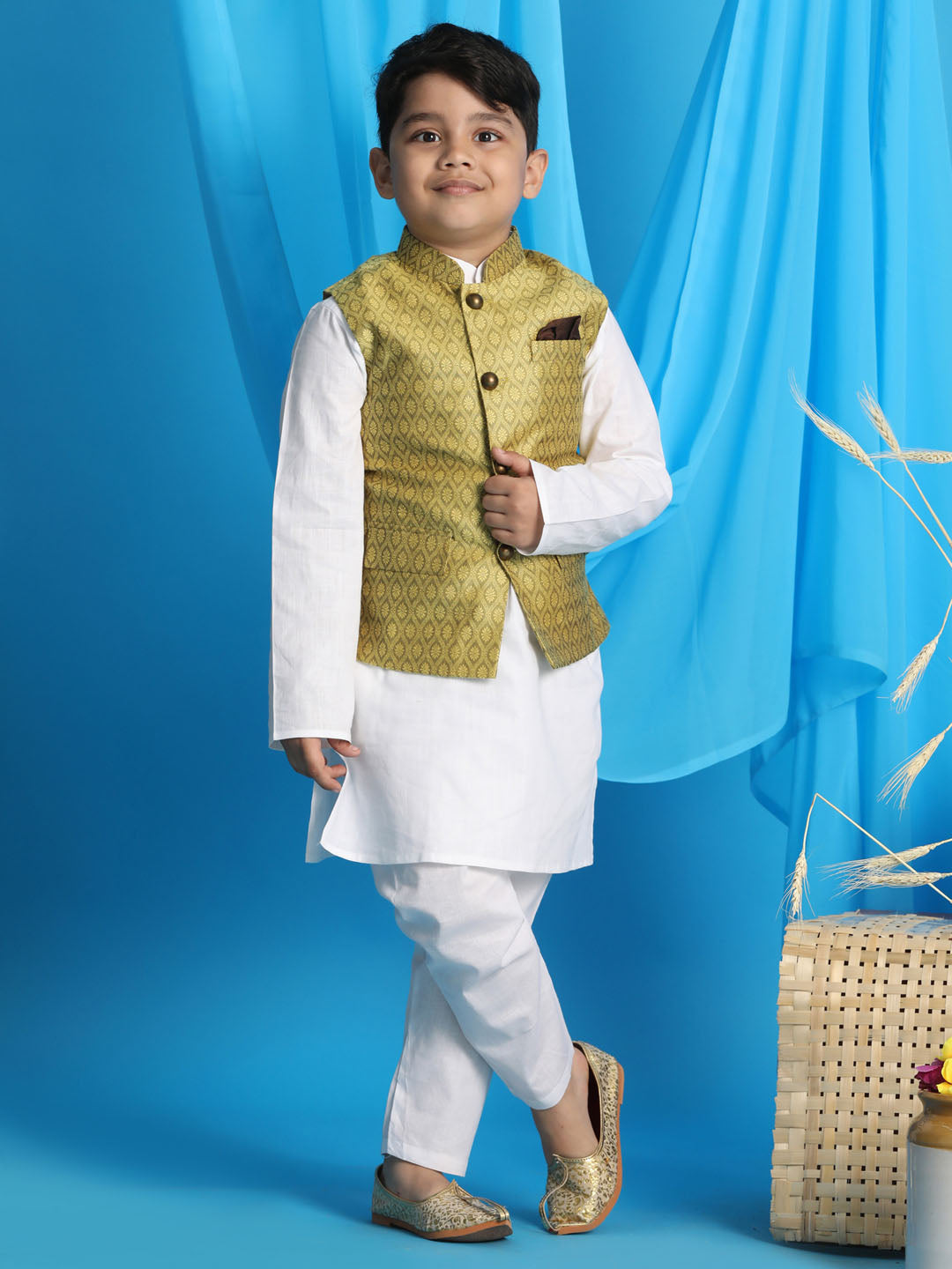 Vastramay Boys Yellow Woven Design Nehru Jacket With White Kurta And Pyjama Set - qivii
