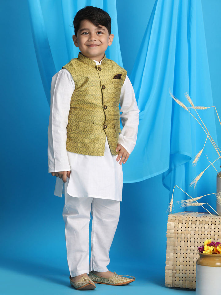 Vastramay Boys Yellow Woven Design Nehru Jacket With White Kurta And Pyjama Set - qivii