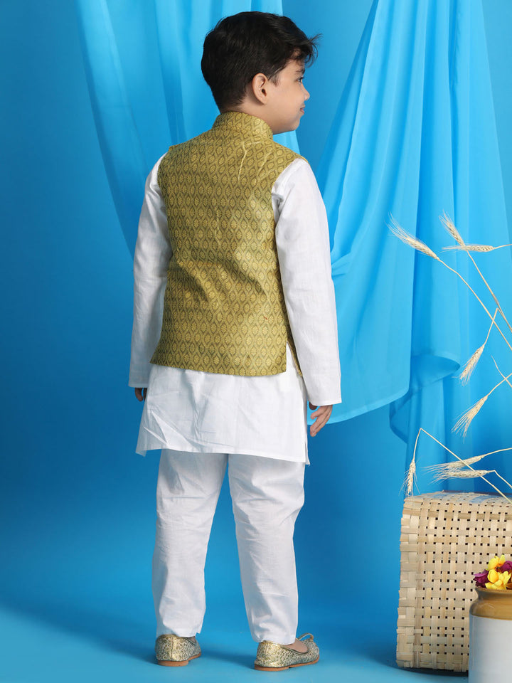 Vastramay Boys Yellow Woven Design Nehru Jacket With White Kurta And Pyjama Set - qivii