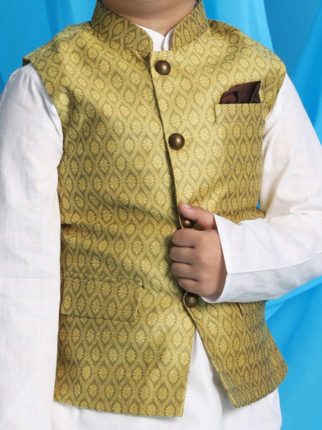 Vastramay Boys Yellow Woven Design Nehru Jacket With White Kurta And Pyjama Set - qivii