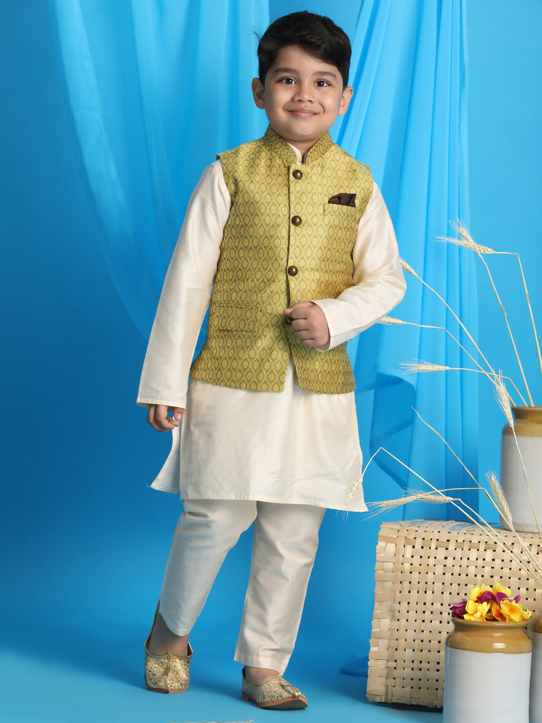 VASTRAMAY Boy's Yellow Woven Jacket With Cream Kurta and Pyjama Set - qivii