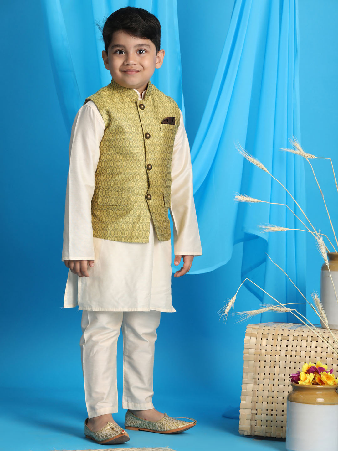 VASTRAMAY Boy's Yellow Woven Jacket With Cream Kurta and Pyjama Set - qivii