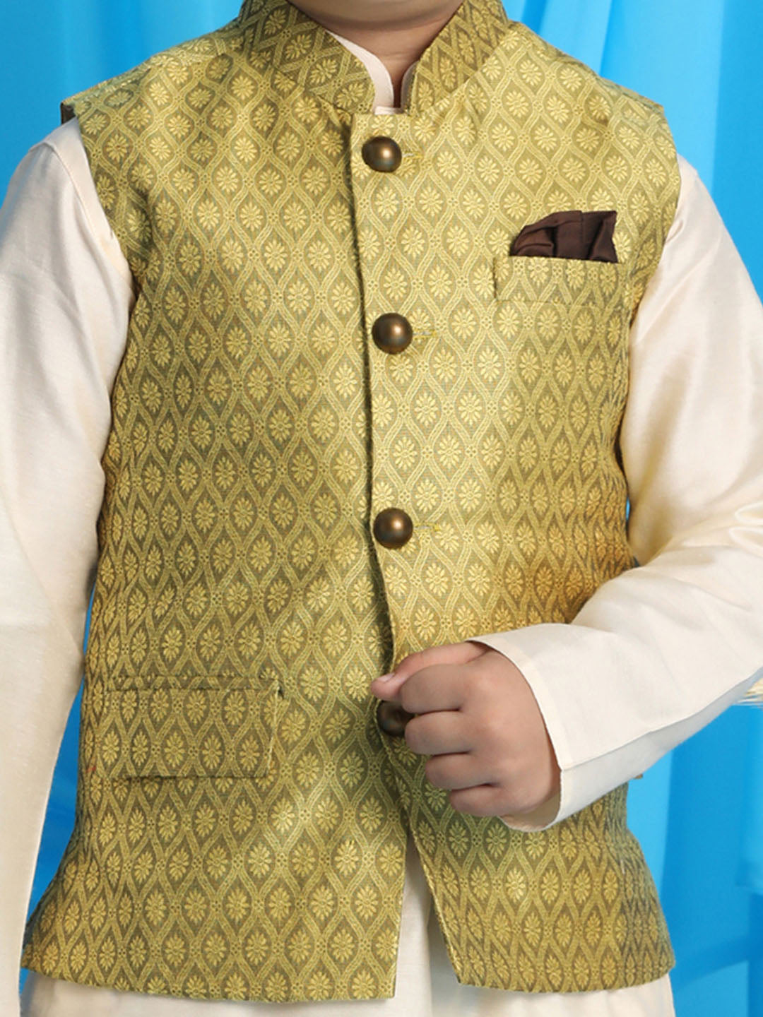 VASTRAMAY Boy's Yellow Woven Jacket With Cream Kurta and Pyjama Set - qivii