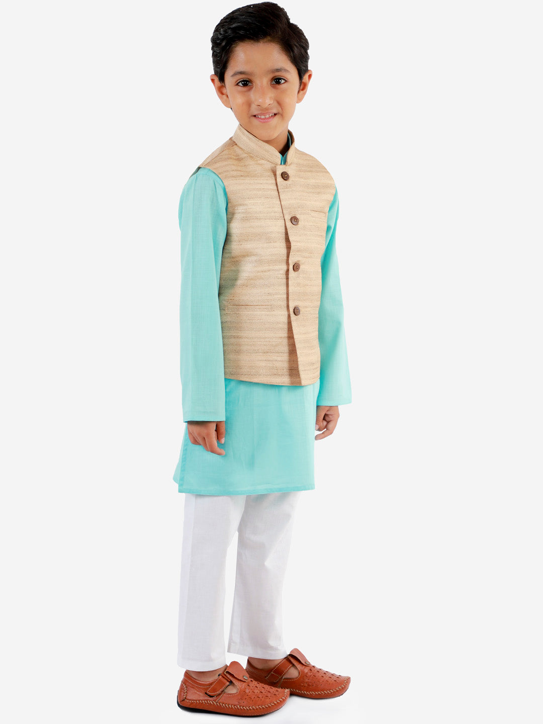 Vastramay Boys Beige, Aqua And White Jacket, Kurta and Pyjama Set - qivii