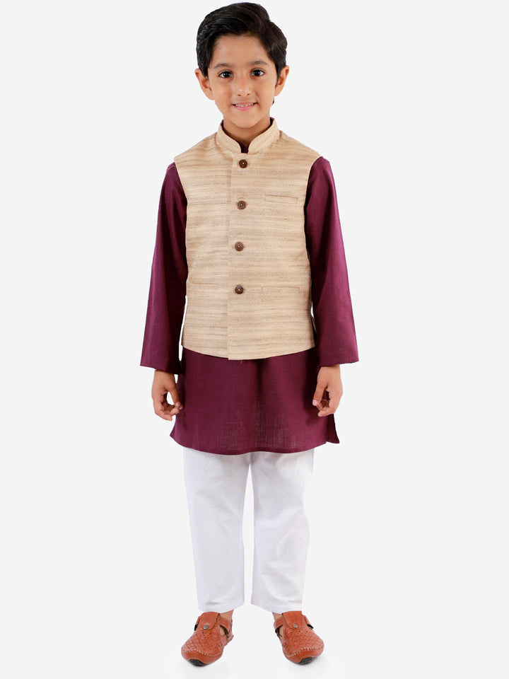 Vastramay Boys Beige, Purple And White Jacket, Kurta and Pyjama Set - qivii