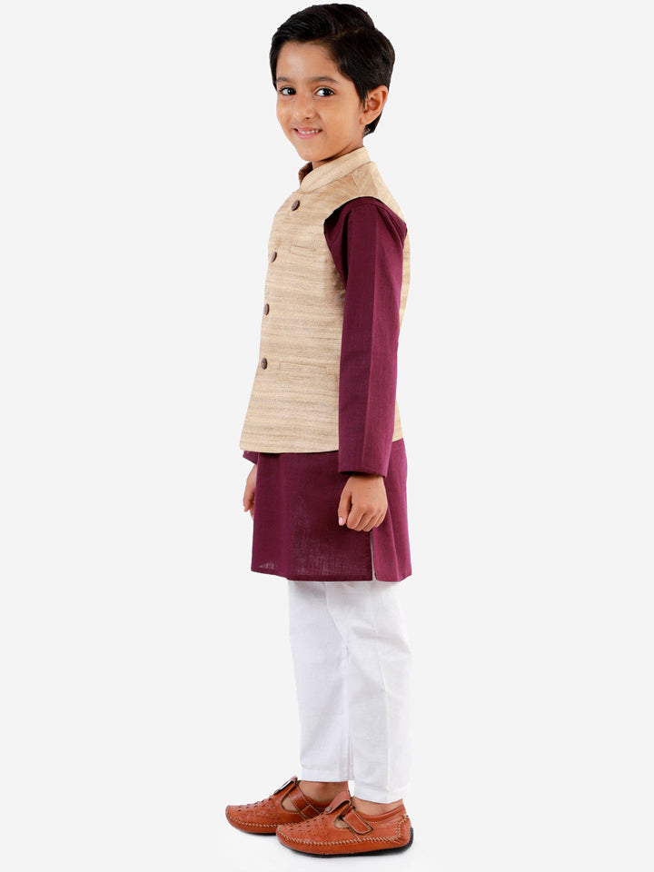 Vastramay Boys Beige, Purple And White Jacket, Kurta and Pyjama Set - qivii