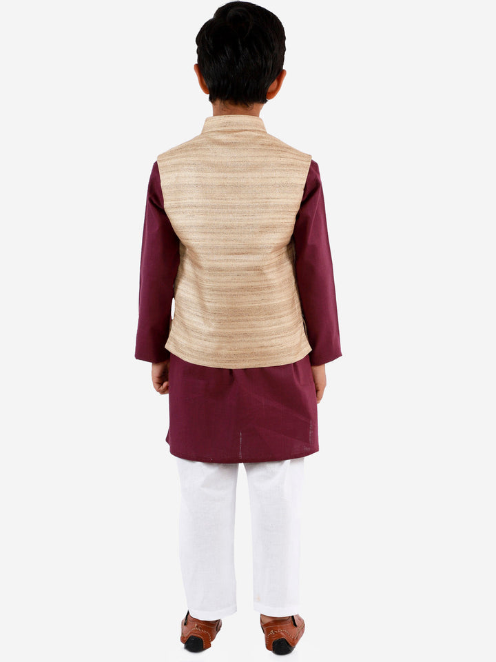 Vastramay Boys Beige, Purple And White Jacket, Kurta and Pyjama Set - qivii