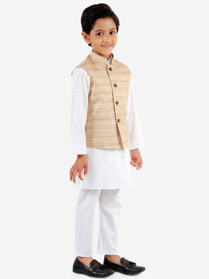 Vastramay Boys Beige And White Jacket, Kurta and Pyjama Set - qivii