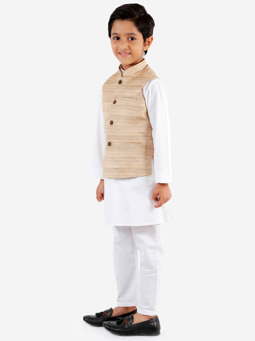 Vastramay Boys Beige And White Jacket, Kurta and Pyjama Set - qivii