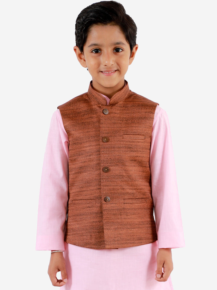 VASTRAMAY Boys Coffee Brown Matka Silk Blend Nehru Jacket - qivii