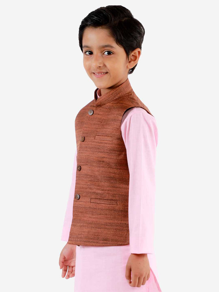 VASTRAMAY Boys Coffee Brown Matka Silk Blend Nehru Jacket - qivii