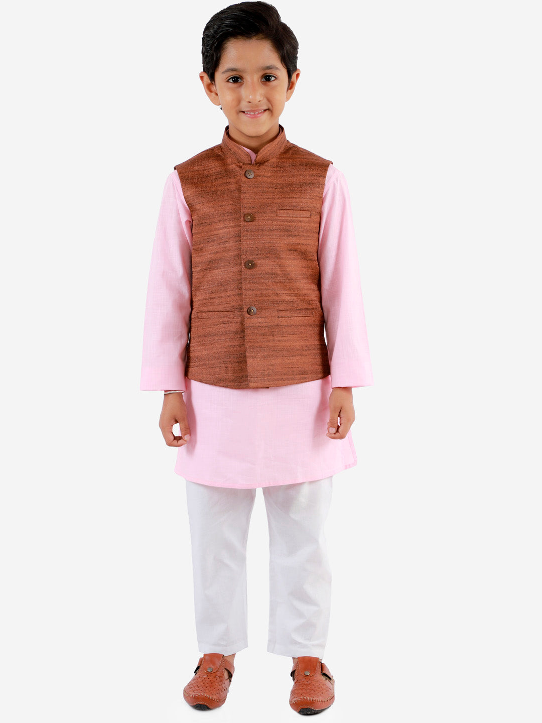 VASTRAMAY Boys Coffee Brown, Pink And White Jacket, Kurta and Pyjama Set - qivii
