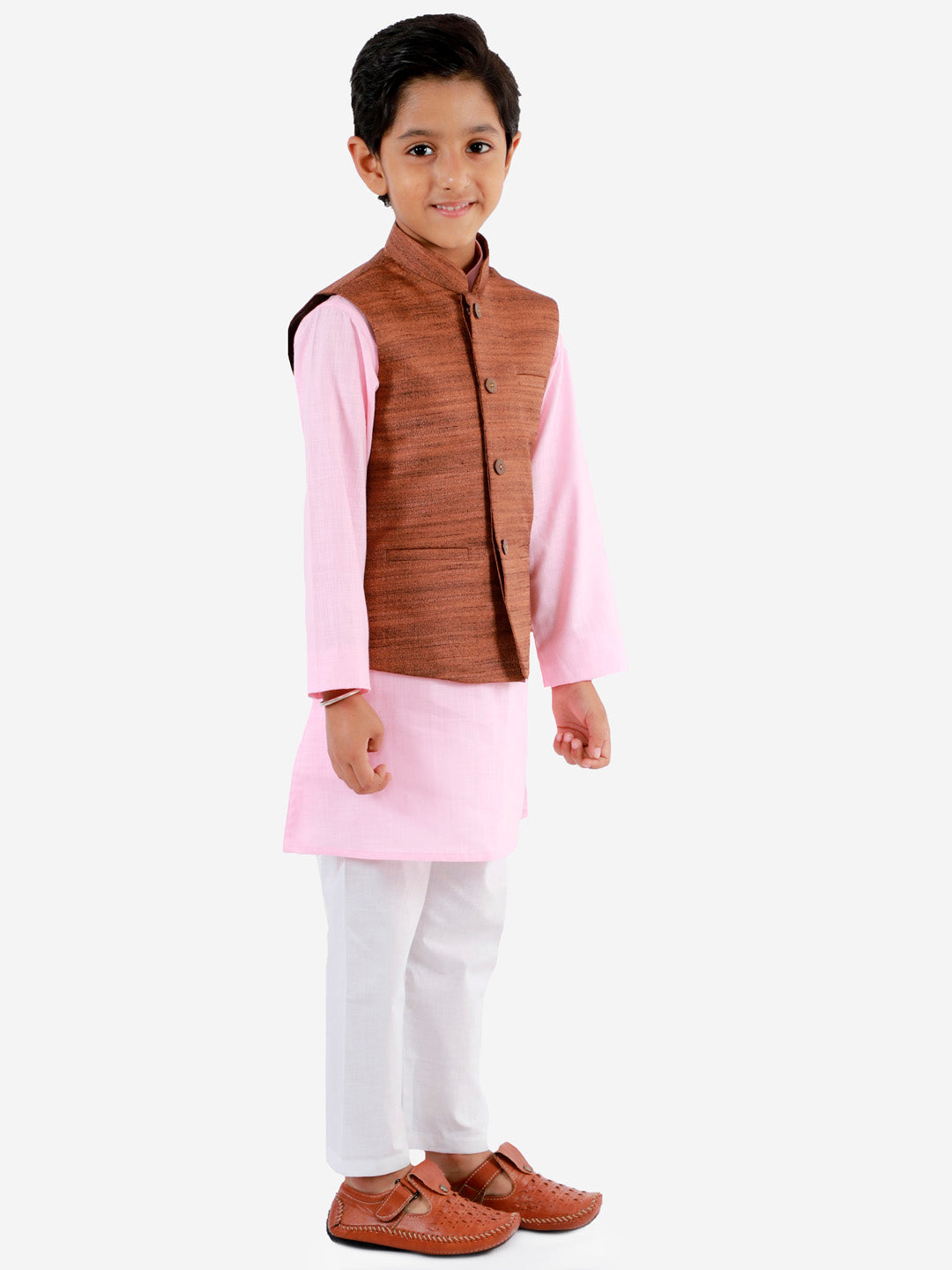 VASTRAMAY Boys Coffee Brown, Pink And White Jacket, Kurta and Pyjama Set - qivii