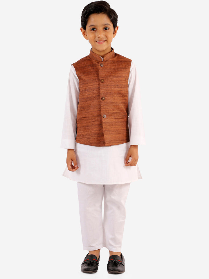 Vastramay Boys Coffee Brown And White Jacket, Kurta and Pyjama Set - qivii