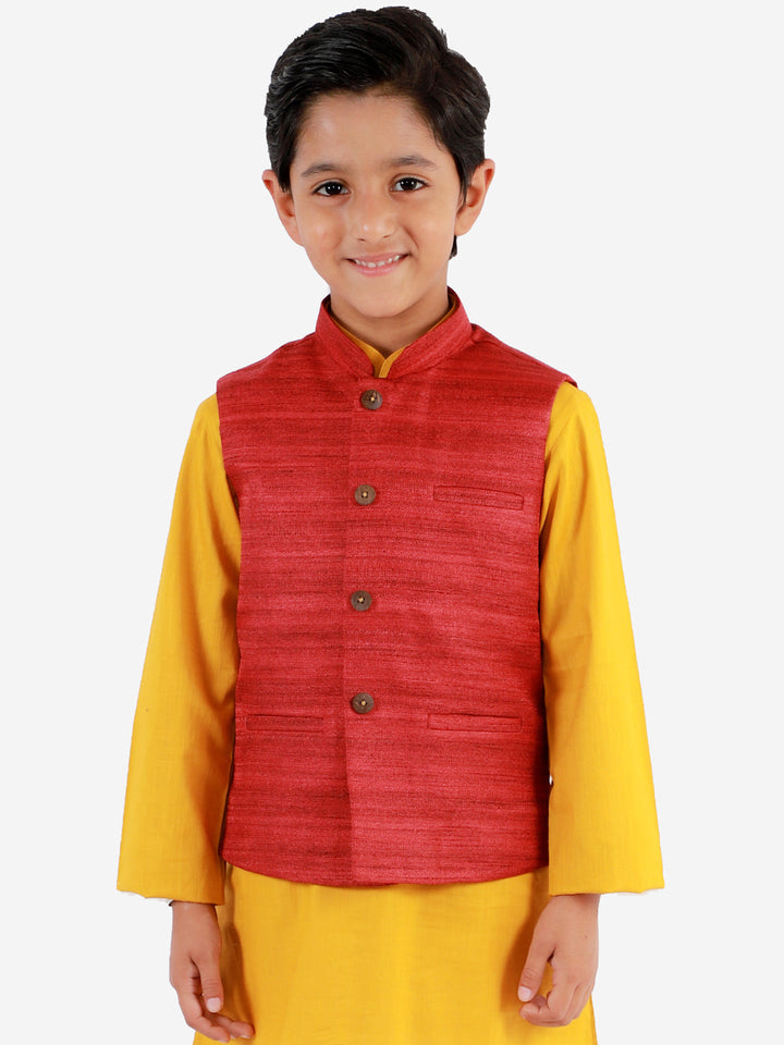 VASTRAMAY Boys Maroon Matka Silk Blend Nehru Jacket - qivii
