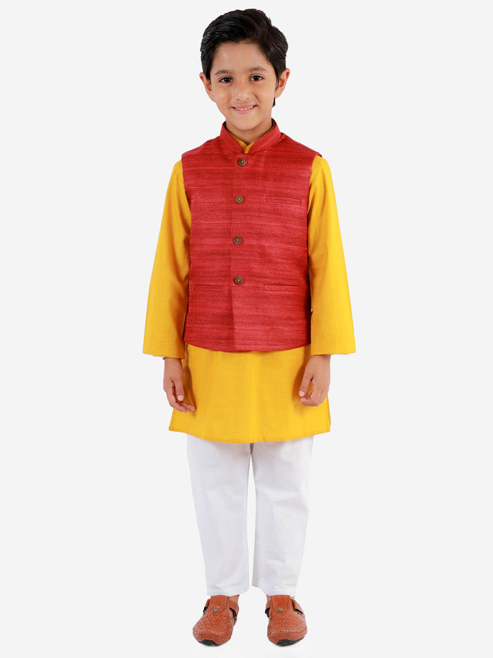 Vastramay Boys Maroon, Mustard And White Jacket, Kurta and Pyjama Set - qivii