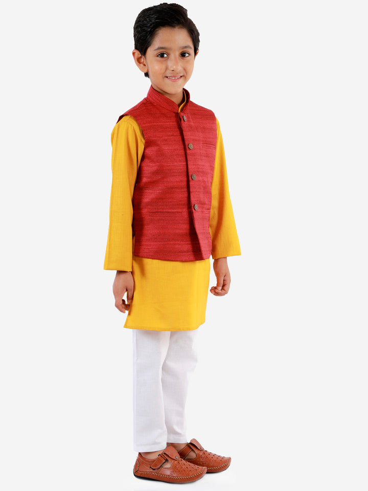 Vastramay Boys Maroon, Mustard And White Jacket, Kurta and Pyjama Set - qivii