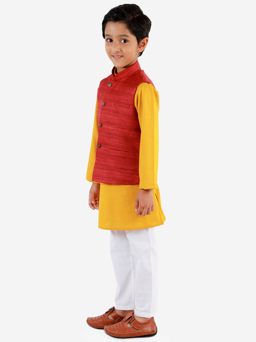Vastramay Boys Maroon, Mustard And White Jacket, Kurta and Pyjama Set - qivii