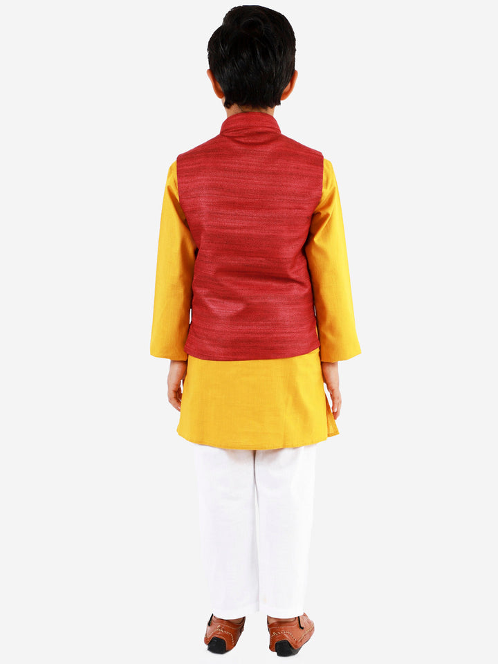 Vastramay Boys Maroon, Mustard And White Jacket, Kurta and Pyjama Set - qivii