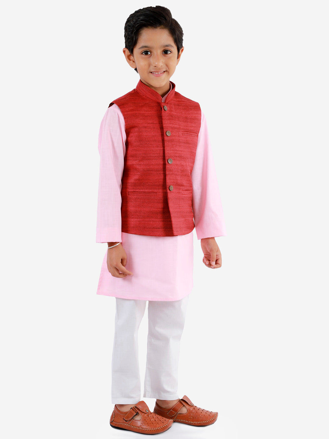 Vastramay Boys Maroon, Pink And White Jacket, Kurta and Pyjama Set - qivii