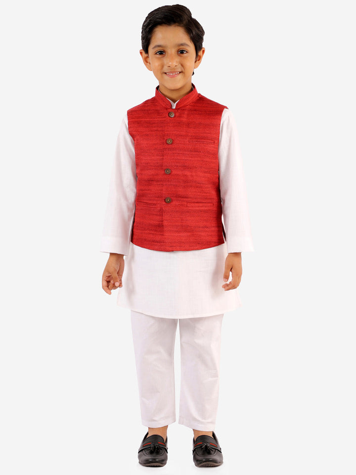 Vastramay Boys' Maroon And White Jacket, Kurta and Pyjama Set - qivii