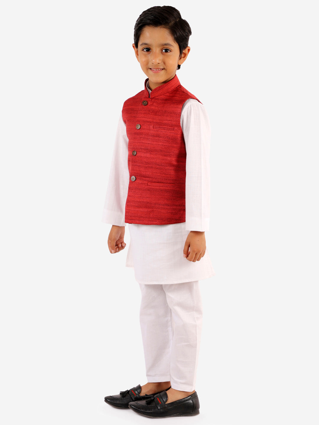 Vastramay Boys' Maroon And White Jacket, Kurta and Pyjama Set - qivii