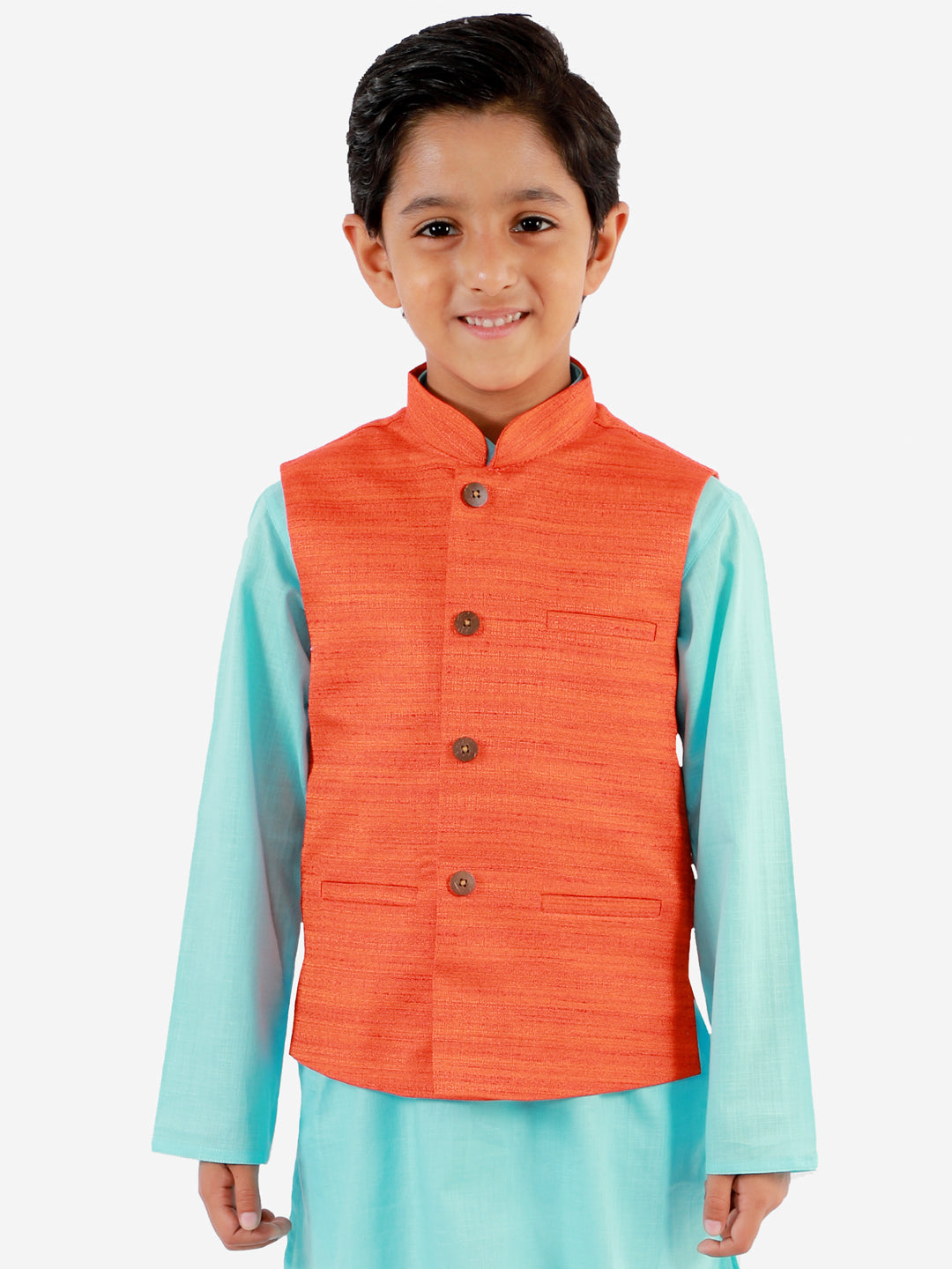 VASTRAMAY Boys Orange Matka Silk Blend Nehru Jacket - qivii