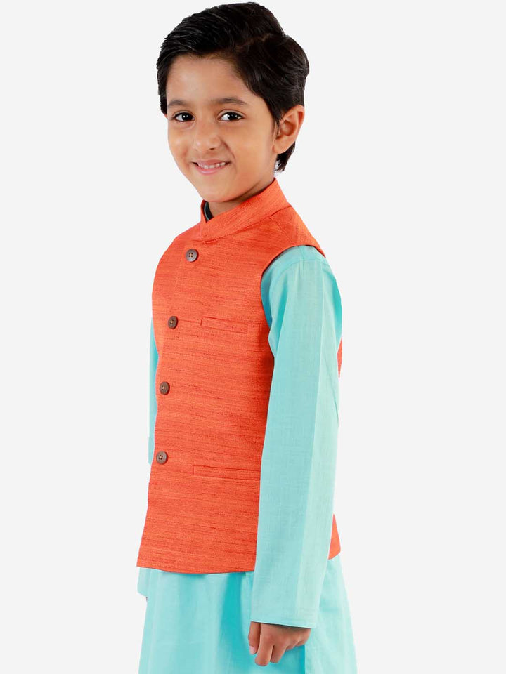 VASTRAMAY Boys Orange Matka Silk Blend Nehru Jacket - qivii