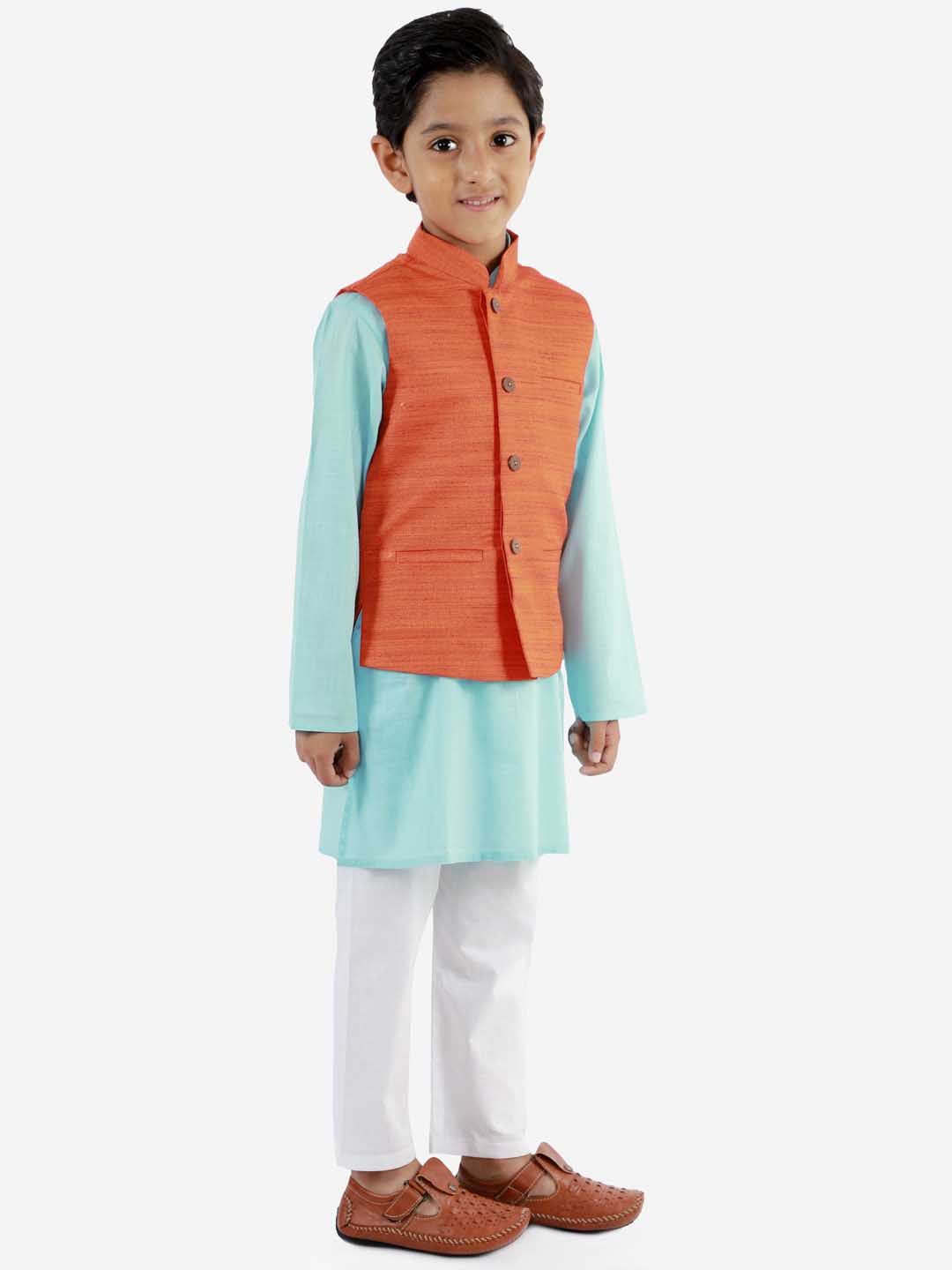 VASTRAMAY Boys Orange Matka Silk Blend Nehru Jacket - qivii