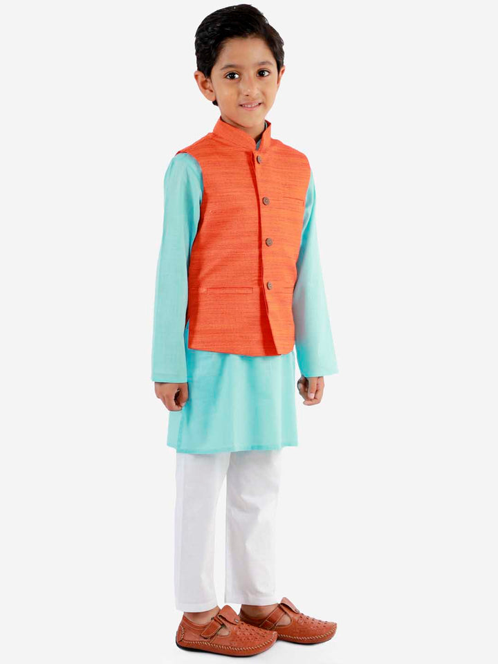 VASTRAMAY Boys Orange Matka Silk Blend Nehru Jacket - qivii