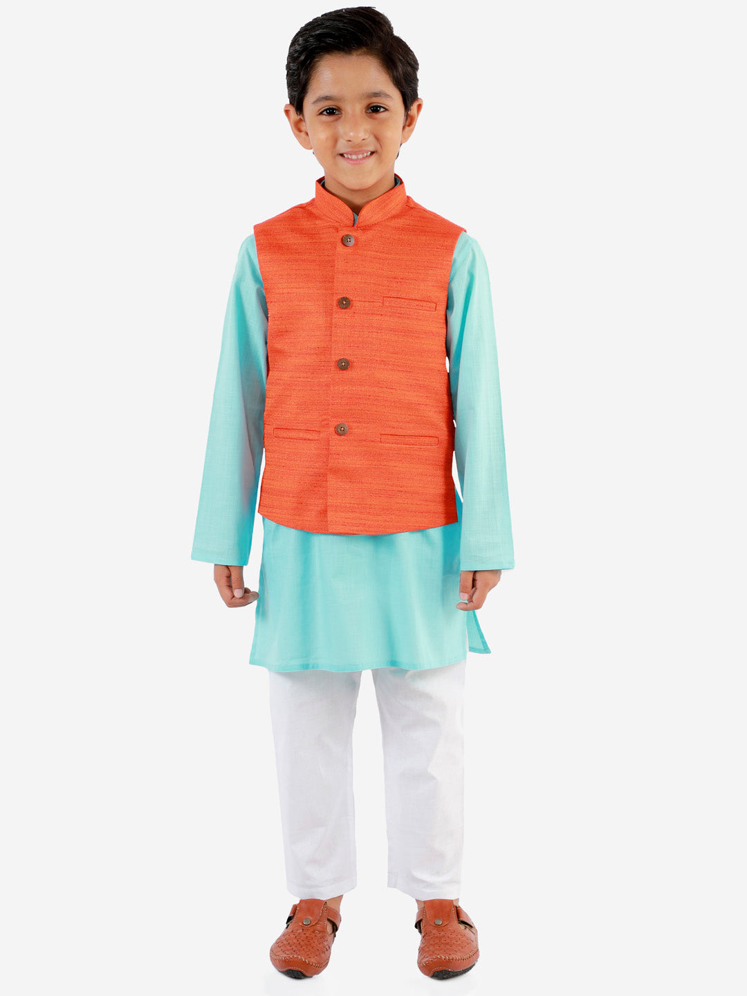 Vastramay Boys Orange, Aqua And White Jacket, Kurta and Pyjama Set - qivii