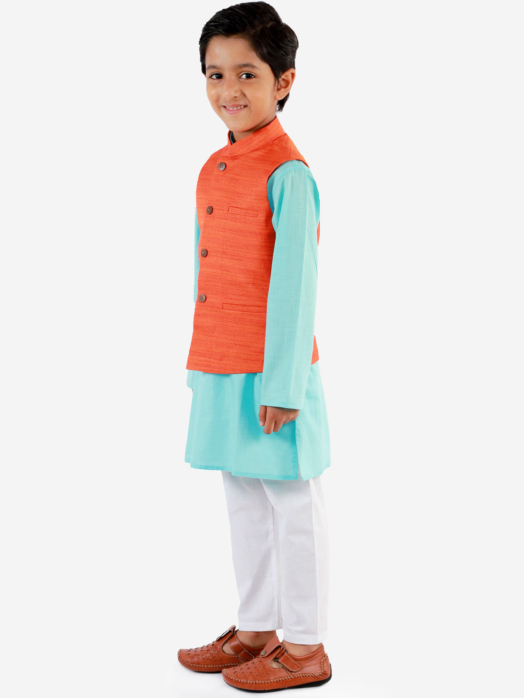 Vastramay Boys Orange, Aqua And White Jacket, Kurta and Pyjama Set - qivii
