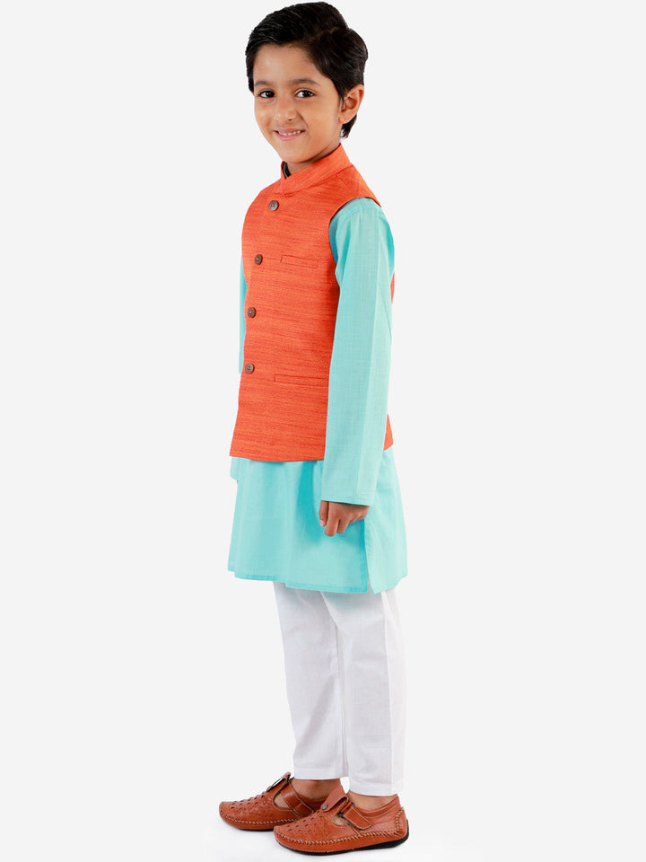 Vastramay Boys Orange, Aqua And White Jacket, Kurta and Pyjama Set - qivii