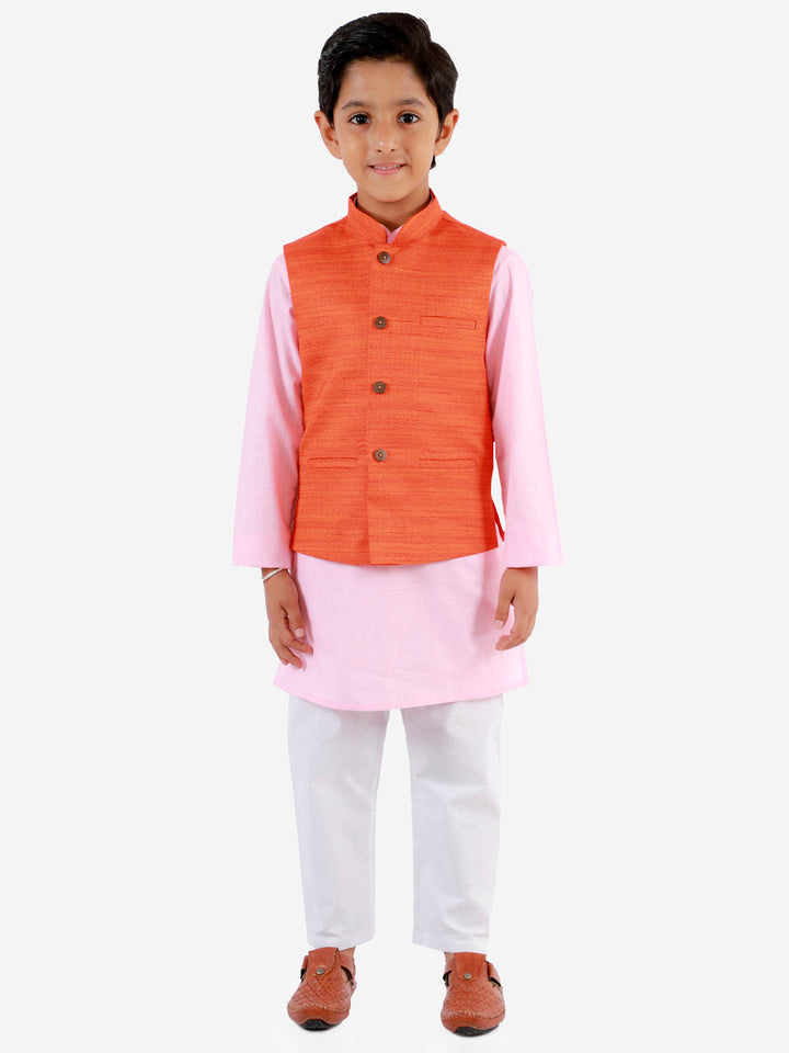 Vastramay Boys Orange, Pink And White Jacket, Kurta and Pyjama Set - qivii