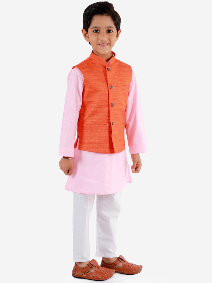Vastramay Boys Orange, Pink And White Jacket, Kurta and Pyjama Set - qivii