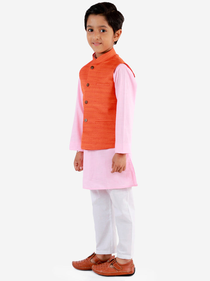 Vastramay Boys Orange, Pink And White Jacket, Kurta and Pyjama Set - qivii