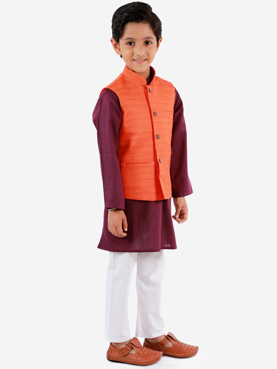 Vastramay Boys Orange, Purple And White Jacket, Kurta and Pyjama Set - qivii